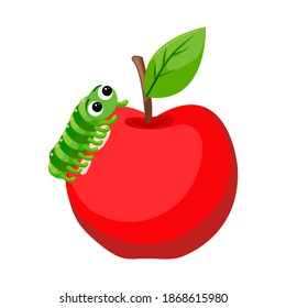 Vector flat illustration of a red apple with a caterpillar.