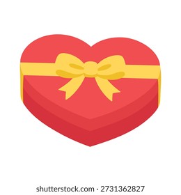 Ilustración plana de Vector de una caja de regalo en forma de corazón rojo con un lazo de cinta amarilla. Regalo cerrado para chocolate o joyas, sorpresa romántica para el día de San Valentín, boda, día de la madre y aniversario.