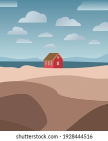 Vector flat illustration. Red house in the field, among the mountains and the river. Air clouds. Contemporary painting in vibrant colors. Design for postcards, posters, textiles, backgrounds, cards, c