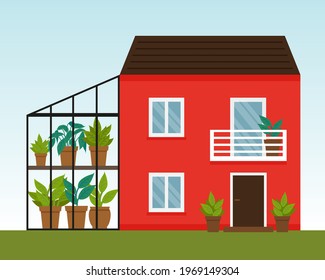 Vector flat illustration with red house with greenhouse. Winter garden. Two story house with balcony.