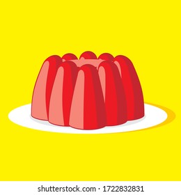 Vector flat illustration of red jelly / gelatin / agar-agar dessert on a plate. Isolated on yellow background.