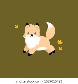 Vector flat illustration of a red kawaii fox on a green background. Cute cartoon fox is jumping forward. Happy fox for greeting cards.