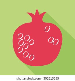 Vector flat illustration: red pomegranate with contour seeds on green background with diagonal shadow