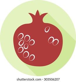 Vector flat illustration: red pomegranate with contour seeds on green round background with diagonal shadow