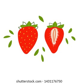 Vector flat illustration with red strawberries. Hand drawn strawberry on white background. Summer design for print, textile, postcard , advertising, children's design