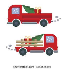 
Vector flat illustration with red truck. The car carries a Christmas tree and a gift. Two body options. Open tractor body and closed body. The layout of the red car with big wheels.