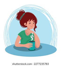 Vector flat illustration of a red-haired girl with gathered hair with a mug of hot tea. Character development . Modern lifestyle.