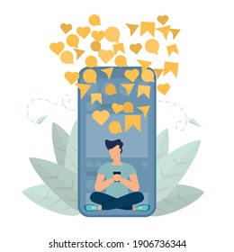 Vector flat illustration, referral marketing concept rain attracts likes, good reviews, rating, friends loyalty program, promotion method, customer acquisition vector Effective account promotion