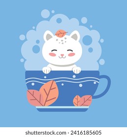 Vector flat illustration relaxed cute cat in cup