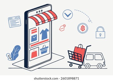 Vector flat illustration representing e-commerce. Ideal for online shopping, digital marketplaces, and business concepts. Clean and modern style for versatile applications in web and app design.