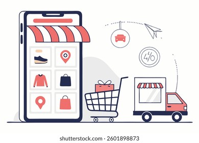 Vector flat illustration representing e-commerce. Ideal for online shopping, digital marketplaces, and business concepts. Clean and modern style for versatile applications in web and app design.