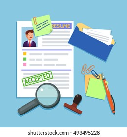 Vector flat illustration of a resume cv icon on blue background. Recruiting, employment, human resources, team management, accepted concept.