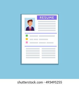Vector flat illustration of a resume cv icon on blue background. Recruiting, employment, human resources, team management.