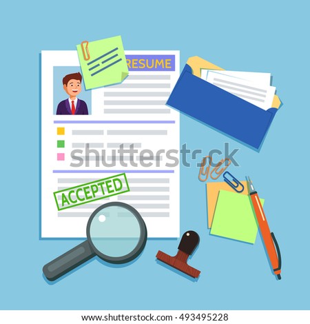 Vector flat illustration of a resume cv icon on blue background. Recruiting, employment, human resources, team management, accepted concept.