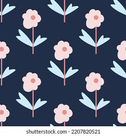 Vector flat illustration with retro flowers. Simple natural seamless motif on a dark background. Vintage floral pattern for design of fabric, paper, and other surfaces