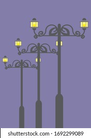 Vector flat illustration of retro style street lamps at night