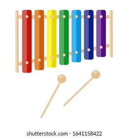 vector flat Illustration of retro xylophone with drumstick isolated on white backdrop. cheerful acoustic musical instrument, enjoy game, learning sound, piano amusement. preschool orchestra education