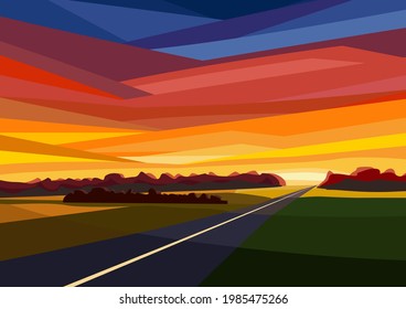 Vector flat illustration road highway sunset colorful sky, sunset time illustration on colorful sky background