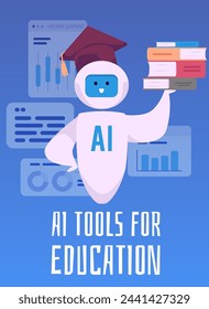 Vector flat illustration of a robot with books, representing artificial intelligence as a tool in digital learning. Ideal for educational flyers with space for text.