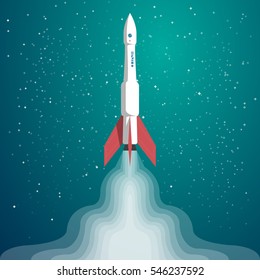 Vector flat illustration with rocket launch on space background with stars.