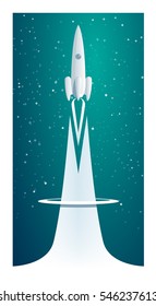 Vector flat illustration with rocket launch on space background with stars.