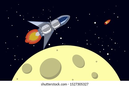 Vector flat illustration of rocket near moon. Space, comet and stars. The rocket flies in space. Spaceship