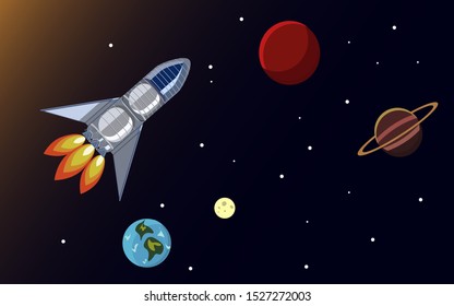 Vector flat illustration of rocket in space. Spaceship. Space. Planets of the solar system