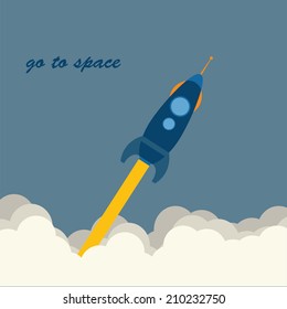 Vector flat illustration of rockets flying in the sky to the cloud.Space tourism,exploration, travel to the orbit, NASA missiles,toy cartoon rockets.Concept of modern successful startup, project start