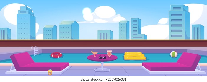 Vector flat illustration of rooftop swimming pool with city high rise buildings view. Background with swimming pool with ladder, ball, sun loungers and cocktails on table. Vacation and leisure theme.