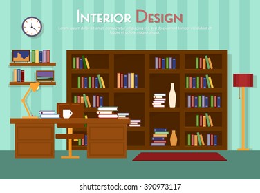 Vector flat illustration of room, lounge with bookshelf, table with lamp, cup, armchair on the floor with carpet (rug). Books with clock, in indoor cabinet in home, library, apartment