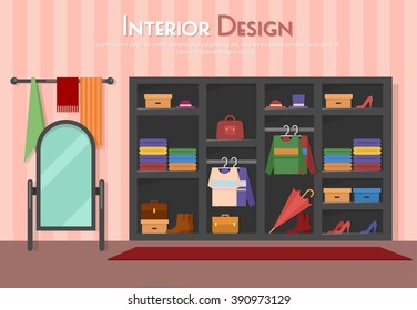 Vector flat illustration of room, with wardrobe, mirror with towels, shelf on the floor, parket with carpet (rug). Shoes on heels, boots, packs, bag, umbrella, cloth, shirt,  in home, apartment, 