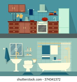 Vector flat illustration for rooms of apartment, house. Home interior design kitchen and bath modern decoration with tile. Stove, fridge, shelf, cup, plate, extract, kettle, pan. Tub, toilet, bath