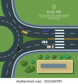 Vector flat illustration of roundabout road junction and city transport. City road, cars, crosswalk, trees and house top view. Street traffic, automobiles and transport design elements.