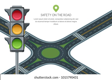 Vector flat illustration of roundabout road junction and traffic light isolated on white background. Safety street traffic and transport design template.