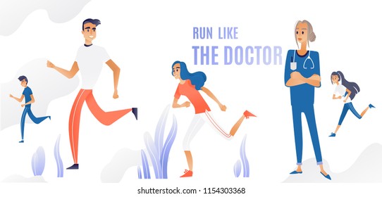 Vector flat illustration Run  young people. Men and women, young boy and girl outdoor in park on orange and blue color. poster slogan- run like a doctor. Health and strong young people