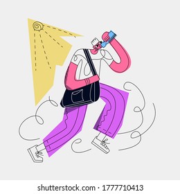 Ilustración vectorial plana corriendo hombre en el calor del clima soleado. Él bebe agua de la botella. Concepto de apaciguamiento de la sed, prevención de la insolación y la insolación. Se puede usar en diseño web, banners, etc.