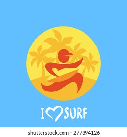 Vector flat illustration of running man with yellow surf board on palm tree beach background. Abstract circle logo design template.