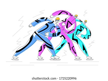 Vector flat illustration with running skaters at competition. Concept of winter sports. Can be used in banners, posters, posters, etc.