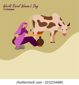 Vector flat illustration of a rural woman sitting on a rock milking a cow.