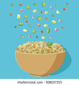 Vector flat illustration of Russian salad. Image of russian traditional new year's dish Olivier salad. Potato salad vector illustration.Illustration of bowl and salad.ingredients for Olivier's recipe.