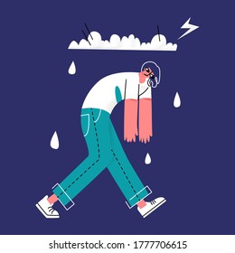 Vector flat illustration sad man walking under rainy cloud with thunderstorm. Concept depression, apathy, anhedonia, despondency, and sadness. It can be used in web design, banners, etc.
