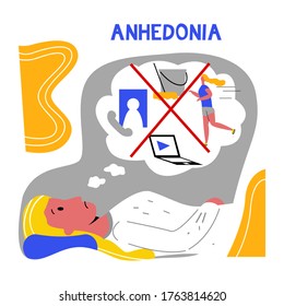 Vector flat illustration sad woman who can t get up and do sports, cleaning, or socialize. Concept of depression, anhedonia, laziness.