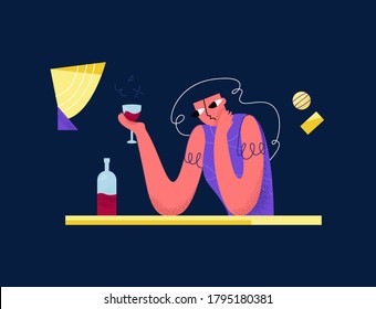 Vector flat illustration sad young woman drinking wine in bar. Concept experiencing, drinking alcohol, solving psychological problems, causes of alcoholism, working on sadness.