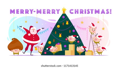 Vector flat illustration with Santa Claus laugh and 8 little round pig elf in Santa hat decorating big Christmas tree, carry boxes and huge bad. Cartoon style. Perfect for cards, web, packaging etc.