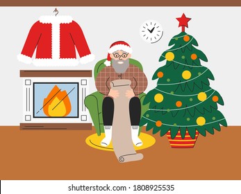 Vector flat illustration of Santa Claus checking wishlist of children at home. Elderly man reading gift letter. Pensioner sitting on armchair next to fireplace and christmas tree. New Year atmosphere