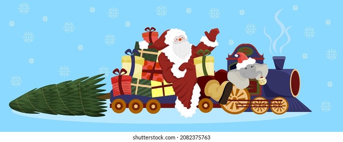 vector flat illustration of Santa riding the train and carrying Christmas tree and gifts for Christmas and New year