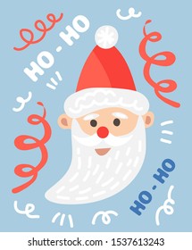 Vector flat illustration with santa smile in cartoon modern style. Design elements for christmas card, poster, invitation, poster, packaging.