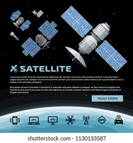 Vector flat illustration with satellite in space, dish, earth, stars background, text and icon.