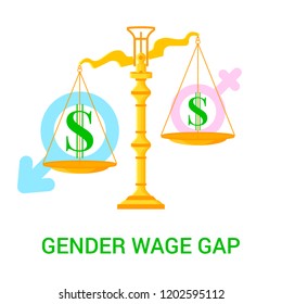 Vector flat  illustration with scales, dollar icons and male and female signs isolated on white background. Dedicated to raising awareness of the gender wage gap.