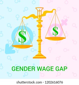 Vector flat  illustration with scales, dollar icons and background with male and female signs. Dedicated to raising awareness of the gender wage gap.